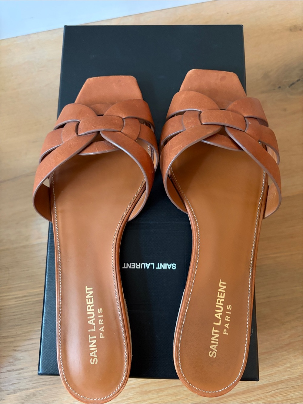 Saint Laurent Tan Brown Braided Leather Slide Mules - Picture 5 of 6